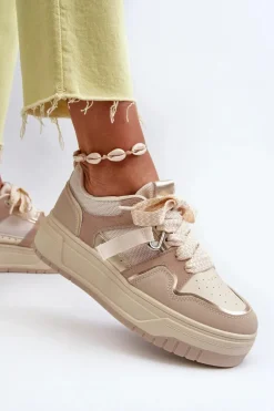 Sneakersy Damskie Na Platformie Z Eko Skóry Beżowe Moun