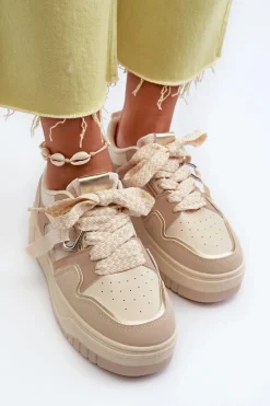 Sneakersy Damskie Na Platformie Z Eko Skóry Beżowe Moun