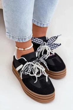 Sneakersy Damskie Na Platformie Z Ozdobami Czarne Vinness