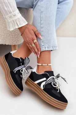Sneakersy Damskie Na Platformie Z Ozdobami Czarne Vinness