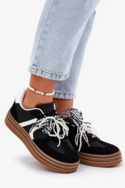 Sneakersy Damskie Na Platformie Z Ozdobami Czarne Vinness