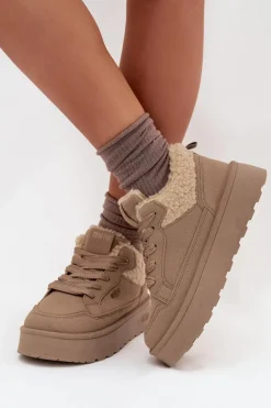 Sneakersy Damskie Na Platformie Z Futerkiem Typu Baranek Big Star SS274105 Beżowe