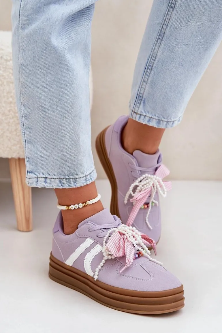 Sneakersy Damskie Na Platformie Z Ozdobami Fioletowe Vinness