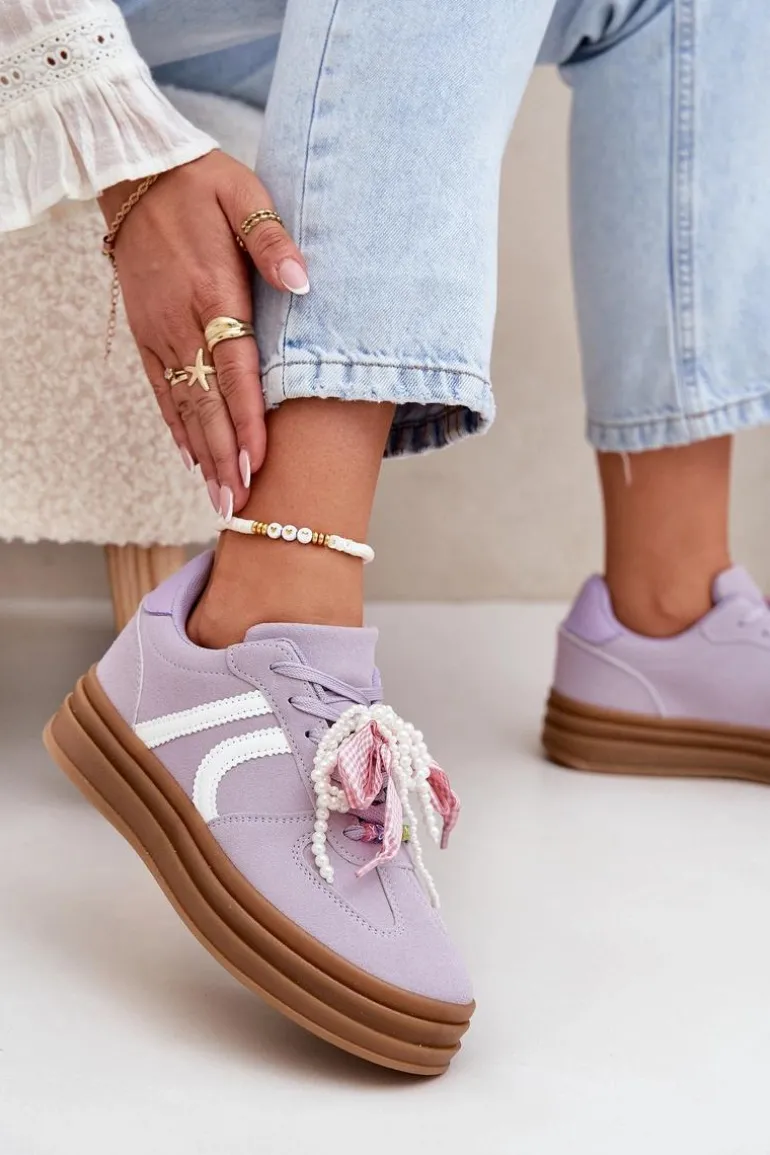 Sneakersy Damskie Na Platformie Z Ozdobami Fioletowe Vinness