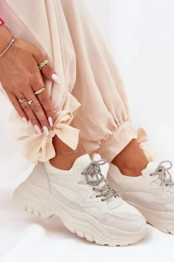 Sneakersy Damskie Na Platformie Ozdobnym Sznurowaniem Beżowe Evalianne