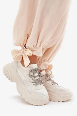 Sneakersy Damskie Na Platformie Ozdobnym Sznurowaniem Beżowe Evalianne
