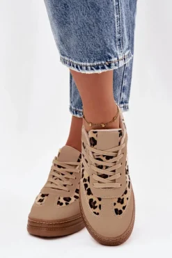 Sneakersy Damskie Na Platformie Panterka Beżowe Denissa