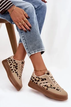 Sneakersy Damskie Na Platformie Panterka Beżowe Denissa