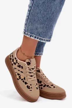 Sneakersy Damskie Na Platformie Panterka Beżowe Denissa