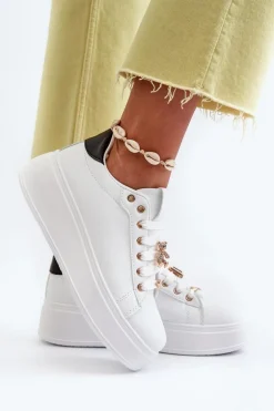 Sneakersy Damskie Na Platformie Z Przypinkami Eko Skóra Białe Cavisa