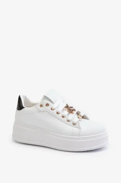 Sneakersy Damskie Na Platformie Z Przypinkami Eko Skóra Białe Cavisa