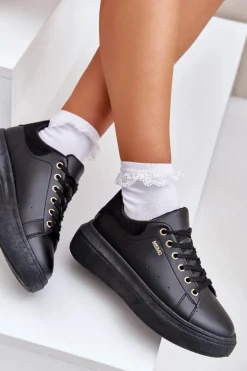 Sneakersy Damskie Na Platformie Eko Skóra Czarne Lelandine