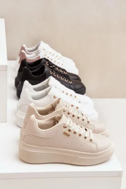 Sneakersy Damskie Na Platformie Eko Skóra Czarne Lelandine