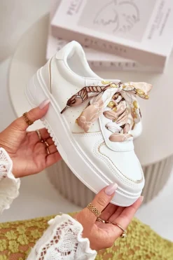 Sneakersy Damskie Na Platformie Z Ozdobnym Sznurowaniem Białe Mistra