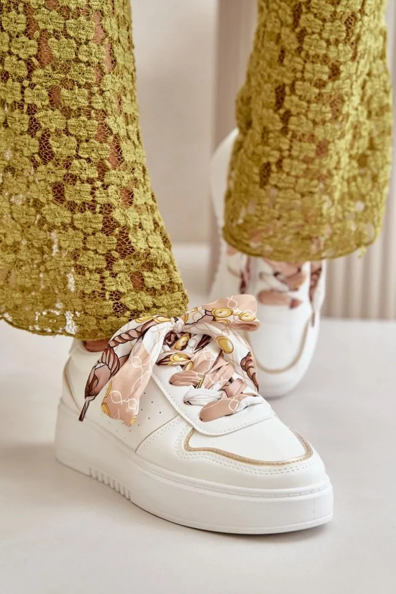 Sneakersy Damskie Na Platformie Z Ozdobnym Sznurowaniem Białe Mistra