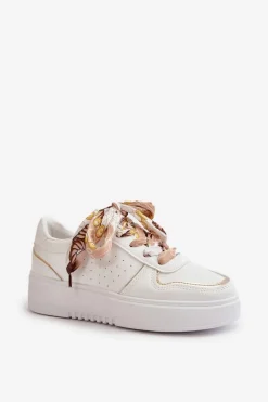 Sneakersy Damskie Na Platformie Z Ozdobnym Sznurowaniem Białe Mistra