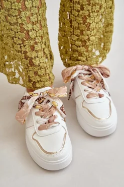 Sneakersy Damskie Na Platformie Z Ozdobnym Sznurowaniem Białe Mistra