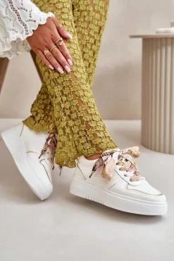 Sneakersy Damskie Na Platformie Z Ozdobnym Sznurowaniem Białe Mistra