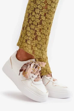 Sneakersy Damskie Na Platformie Z Ozdobnym Sznurowaniem Białe Mistra