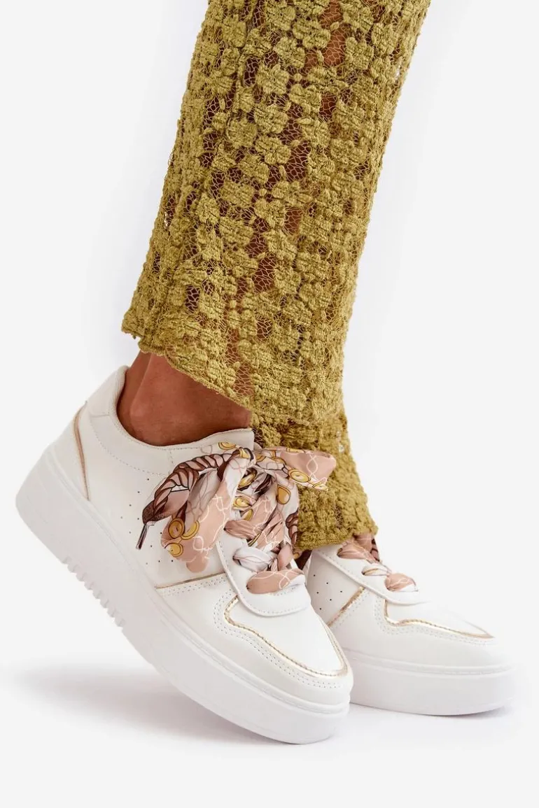Sneakersy Damskie Na Platformie Z Ozdobnym Sznurowaniem Białe Mistra