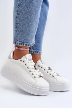 Sneakersy Damskie Na Platformie Z Ozdobami Białe Herbisa