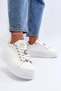Sneakersy Damskie Na Platformie Z Ozdobami Białe Herbisa