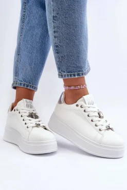 Sneakersy Damskie Na Platformie Z Ozdobami Białe Herbisa