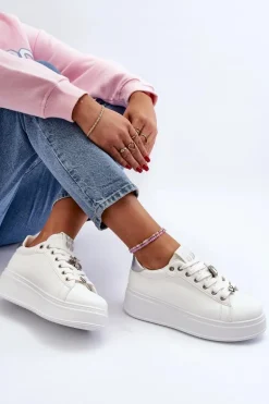 Sneakersy Damskie Na Platformie Z Ozdobami Białe Herbisa