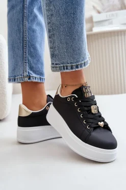 Sneakersy Damskie Na Platformie Z Ozdobami Czarne Herbisa
