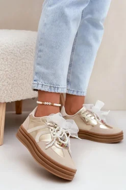 Sneakersy Damskie Na Platformie Z Ozdobami Beżowo-Złote Vinness