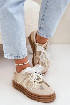 Sneakersy Damskie Na Platformie Z Ozdobami Beżowo-Złote Vinness