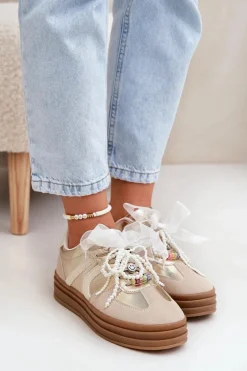 Sneakersy Damskie Na Platformie Z Ozdobami Beżowo-Złote Vinness