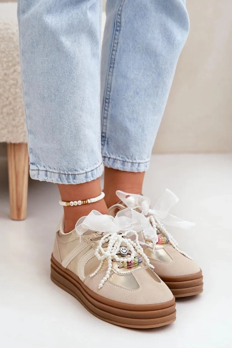 Sneakersy Damskie Na Platformie Z Ozdobami Beżowo-Złote Vinness