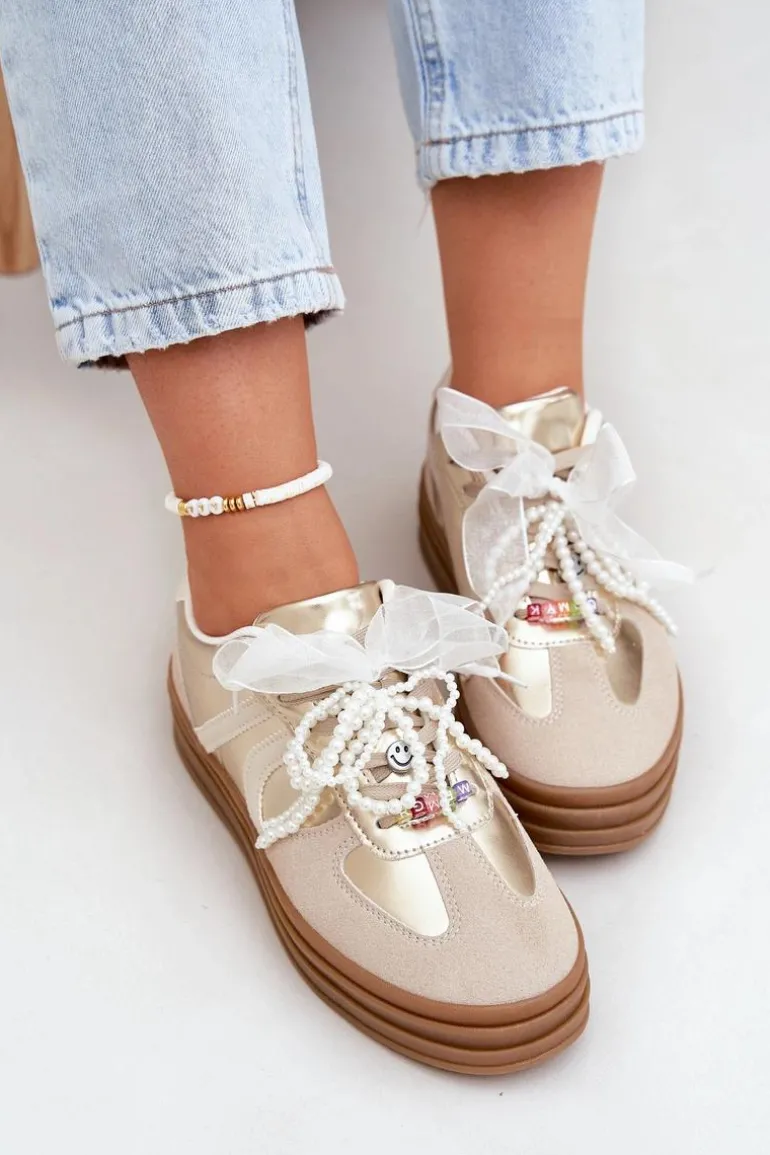 Sneakersy Damskie Na Platformie Z Ozdobami Beżowo-Złote Vinness