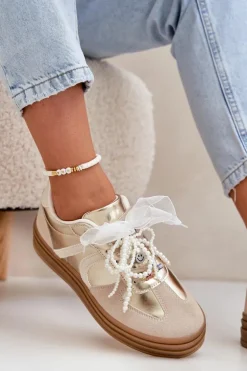 Sneakersy Damskie Na Platformie Z Ozdobami Beżowo-Złote Vinness