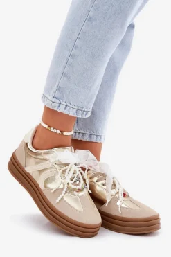 Sneakersy Damskie Na Platformie Z Ozdobami Beżowo-Złote Vinness