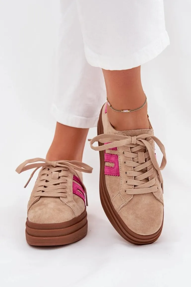 Sneakersy Damskie Na Platformie Z Naturalnego Zamszu Beżowo-Różowe Eldira