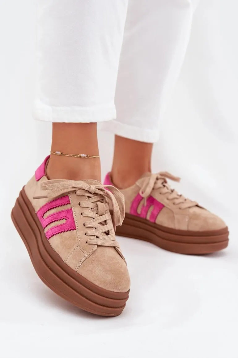 Sneakersy Damskie Na Platformie Z Naturalnego Zamszu Beżowo-Różowe Eldira