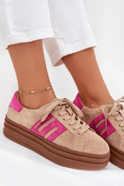 Sneakersy Damskie Na Platformie Z Naturalnego Zamszu Beżowo-Różowe Eldira