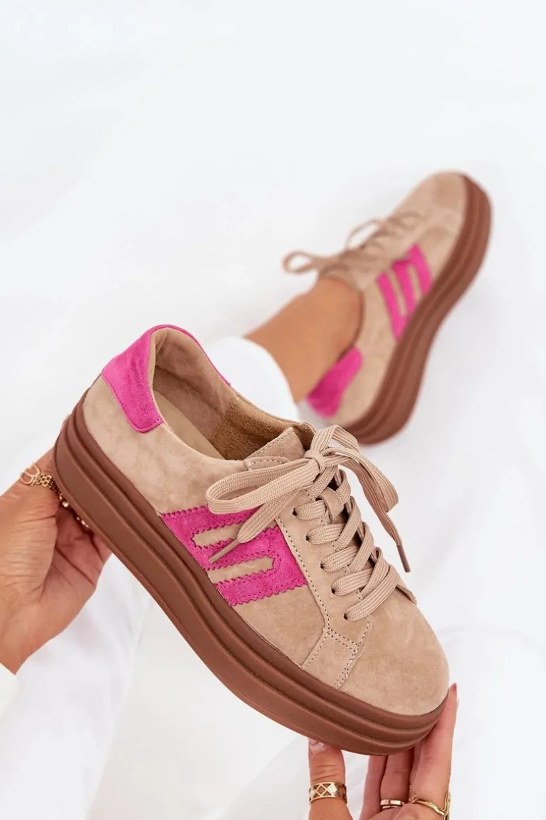 Sneakersy Damskie Na Platformie Z Naturalnego Zamszu Beżowo-Różowe Eldira