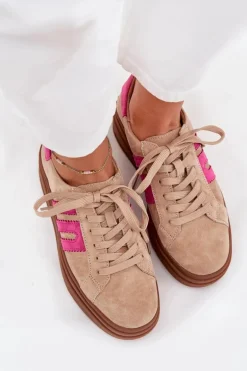 Sneakersy Damskie Na Platformie Z Naturalnego Zamszu Beżowo-Różowe Eldira