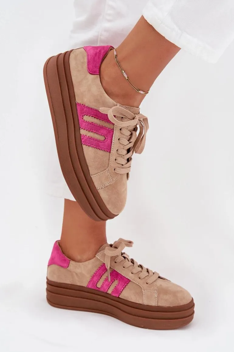 Sneakersy Damskie Na Platformie Z Naturalnego Zamszu Beżowo-Różowe Eldira