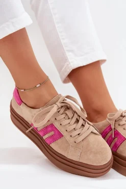 Sneakersy Damskie Na Platformie Z Naturalnego Zamszu Beżowo-Różowe Eldira