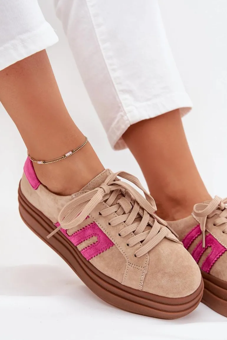 Sneakersy Damskie Na Platformie Z Naturalnego Zamszu Beżowo-Różowe Eldira