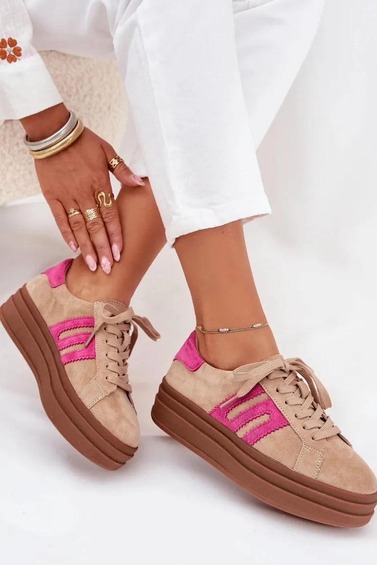 Sneakersy Damskie Na Platformie Z Naturalnego Zamszu Beżowo-Różowe Eldira