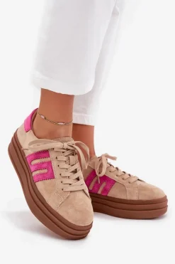 Sneakersy Damskie Na Platformie Z Naturalnego Zamszu Beżowo-Różowe Eldira
