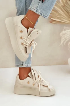 Sneakersy Damskie Na Platformie Beżowe Dolistana