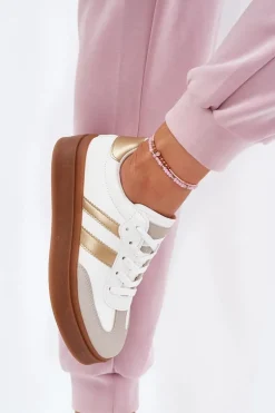 Sneakersy Damskie Na Platformie Z Eko Skóry Biało-Złote Elaraven