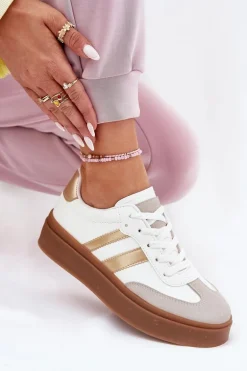 Sneakersy Damskie Na Platformie Z Eko Skóry Biało-Złote Elaraven