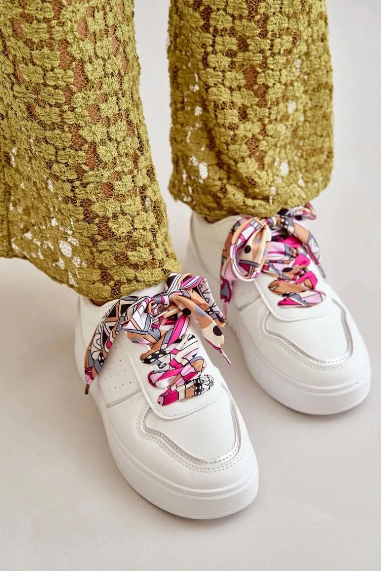 Sneakersy Damskie Na Platformie Z Ozdobnym Sznurowaniem Białe Mistra